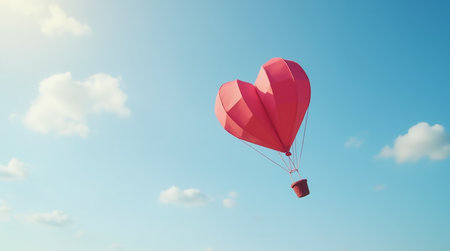 A heart-shaped hot air balloon soars through a bright blue sky. Fluffy white clouds drift lazily in the background as sunlight illuminates the cheerful scene.の素材