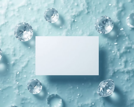 A collection of clear diamonds is scattered around a blank, rectangular card placed on a gentle blue background, perfect for showcasing branding or special messages.の素材