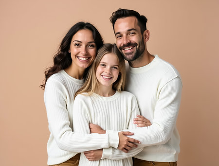 A joyful family stands close, embracing each other with smiles. They wear matching white sweaters, and the soft background creates an intimate atmosphere perfect for capturing memories.の素材