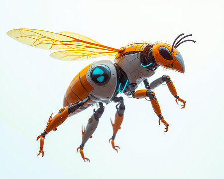 A mechanical bee hovers in a clear sky, featuring vibrant orange and metallic blue tones. Its intricate design highlights advanced robotics and engineering.の素材