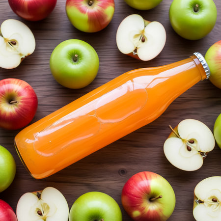 Vibrant apple juice is placed among a variety of red and green apples on a wooden table. The arrangement showcases the freshness and color diversity of the fruits.の素材