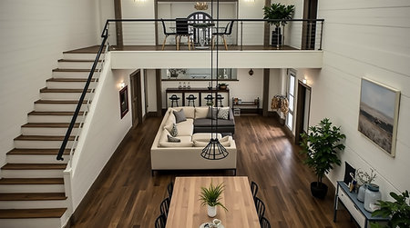 This spacious living area showcases an elegant open design with a beautiful staircase, warm wooden floors, and a contemporary decor. Natural light floods the room, enhancing its inviting atmosphere.の素材