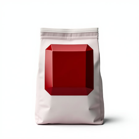 A sleek package features a prominent red gem shape on a simple white background. This contemporary design highlights the product's premium nature, catching attention.の素材