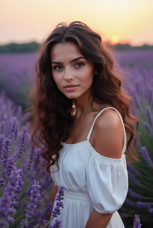 A woman with long, curly hair stands amongst vibrant lavender flowers as the sun sets behind her. She wears a flowing white dress, capturing a serene and beautiful moment in nature.の素材
