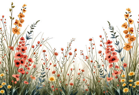 A variety of wildflowers display bright colors in a sunny meadow. The scene features lush green grass and a peaceful atmosphere, typical of springtime joy.の素材