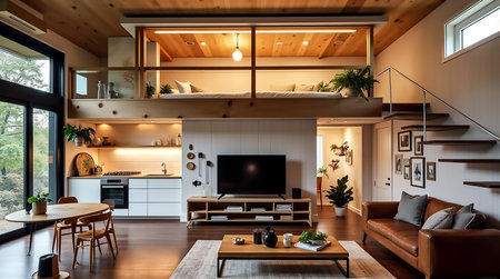 This contemporary living space features an open loft bedroom, sleek kitchen, and furnishing warmings, making it a perfect retreat for relaxation and entertainment in a serene environment.の素材