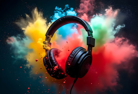 Vibrant colored powder bursts around a pair of black headphones, symbolizing the energy and creativity associated with music. The striking contrast creates a dynamic focal point.の素材