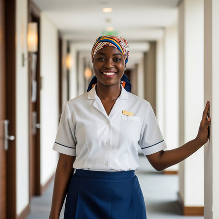 A hotel staff member smiles warmly while standing in a bright corridor of a luxury hotel. Wearing a neat uniform and colorful headscarf, she displays professionalism and hospitality.の素材