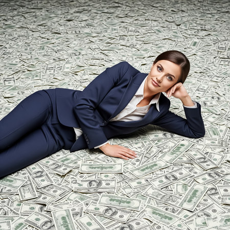 A young woman in a formal suit lies on a vast spread of dollar bills, looking confident and relaxed. The setting appears to be well-lit, highlighting her professional demeanor.の素材