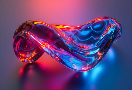 A vibrant glass sculpture showcases flowing curves and brilliant colors, reflecting varying shades of blue and red against a dark surface, creating an artistic ambiance in soft lighting.の素材