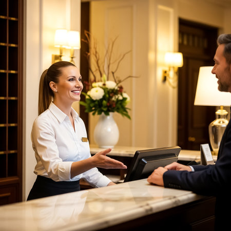 A receptionist greets a guest with a smile at the hotel lobby. The warm atmosphere features elegant decor, blooming flowers, and bright lighting, creating a welcoming environment.の素材