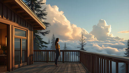 A woman stands on a wooden balcony, looking out over a breathtaking view of clouds and mountains at sunset. The warm glow highlights her contemplative expression and the natural beauty around her.の素材