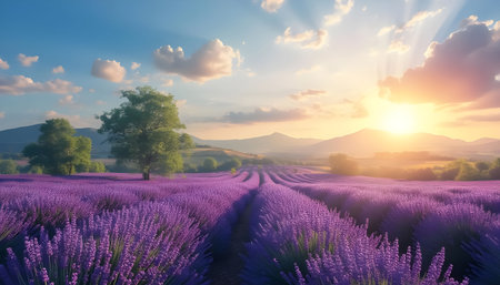 A breathtaking early morning view of a lavender field stretches across rolling hills, bathed in golden sunlight.の素材