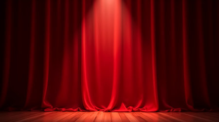 Bright red curtains hang heavily, lit by a single spotlight in a theater. The scene is set for an exciting performance, creating anticipation and drama.の素材