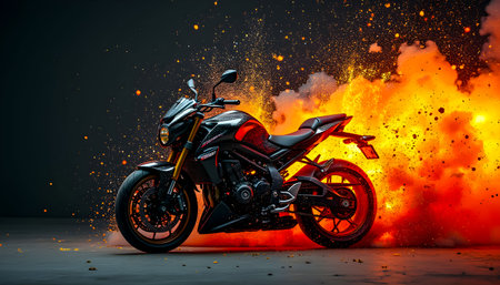 A sleek motorcycle stands prominently as fire erupts behind it in a studio setting. The vibrant flames and smoke create a striking contrast against the bike's design.の素材