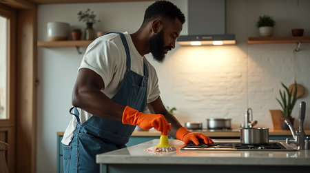 A man dressed in a t-shirt and overalls is actively cleaning a kitchen counter in a sunlit, modern home. He uses a scrubber and wears bright orange gloves.の素材