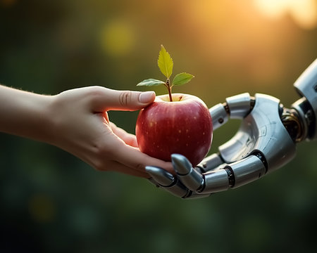A human hand extends towards a robotic hand, offering a bright red apple with a small green leaf. The warm sunlight creates a peaceful atmosphere, enhancing the moment of connection.の素材