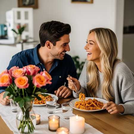 A happy couple shares a meal of pasta at a beautifully set table. Soft candlelight and vibrant flowers create a warm and inviting atmosphere in their home.の素材