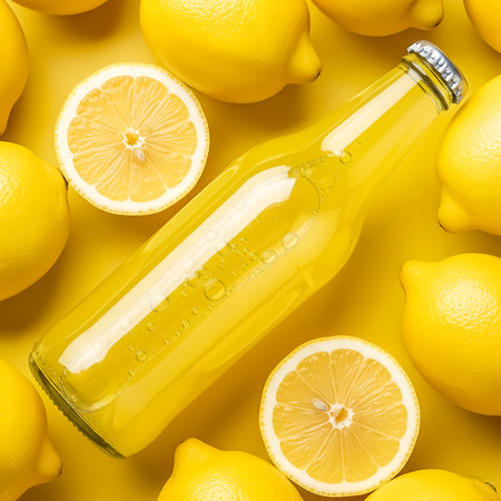 A collection of fresh, vibrant lemons surrounds a glass bottle filled with lemon drink. The cheerful yellow backdrop enhances the refreshing and energizing feel of the arrangement.の素材