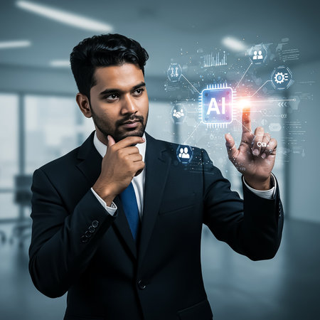 A young man in a suit interacts with a digital AI interface in a sleek office. He appears thoughtful while exploring the potential of advanced technology in business.の素材