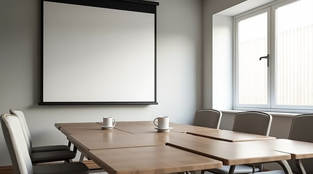A conference room features a long wooden table surrounded by several gray chairs. Two coffee cups sit on the table, and a blank projection screen is mounted on the wall, ready for presentations.の素材