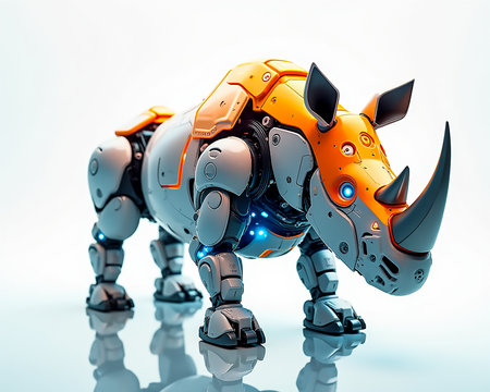 A robotic rhinoceros stands proudly with sleek metallic features and illuminated accents. Designed for an innovative representation of wildlife, it emphasizes both art and technology.の素材