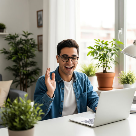A young man excitedly greets someone during a video call in a cozy home office. Sunlight pours in through large windows, highlighting indoor plants and a welcoming atmosphere.の素材