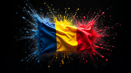 A striking visual showcases the Romanian flag boldly splashed against a black background, surrounded by dynamic bursts of blue and red paint, creating an energetic atmosphere.の素材