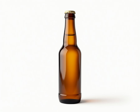 An amber glass bottle stands upright against a clean background, emphasizing its sleek design. Perfect for branding, it invites a sense of premium quality for beverages.の素材