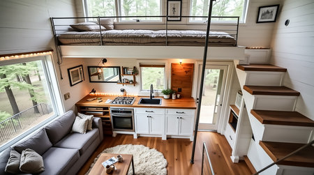 A stylish cabin interior features a lofted bed, comfortable seating area, and modern kitchen appliances, bathed in natural light from large windows.の素材