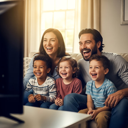 A happy family of five gathers in their comfortable living room, laughing and smiling while watching a movie together on a cozy evening. The atmosphere is warm and joyful.の素材