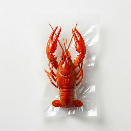 This vibrant lobster is vacuum sealed, highlighting its rich red hue and intricate details. Perfectly preserved for culinary enjoyment, ready for cooking or serving.の素材
