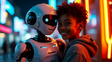 A young girl smiles while embracing a friendly robot in a brightly lit urban area at night. Neon lights illuminate the surroundings, showcasing a blend of technology and joy.の素材