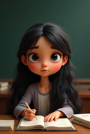 A girl sits at a wooden desk, writing in a notebook with a pencil. She deep appears in thought, surrounded by books in a classroom setting. Natural light fills the space.の素材