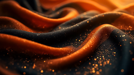 Shimmering black and orange fabric lies gracefully, illuminated by warm light. Golden sparkles are scattered across the smooth surface, creating a rich and elegant atmosphere.の素材