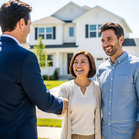 A real estate agent shakes hands with a happy couple in front of their new house. The scene captures a moment of joy and excitement under clear blue skies.の素材