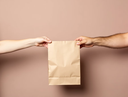 Two individuals share a brown paper bag. One hand reaches out as the other extends towards it, capturing a moment of connection in a simple, neutral setting.の素材