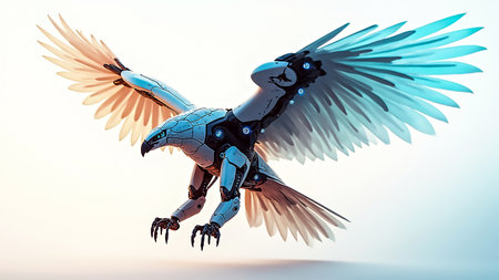 A futuristic robotic eagle with intricate mechanical features soars through the air, wings outstretched, showcasing a blend of technology and nature against a soft gradient sky.の素材