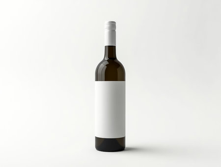 A sleek wine bottle stands on a plain light background, featuring a blank white label that allows for personalized branding or design. Its minimalistic style emphasizes elegance.の素材