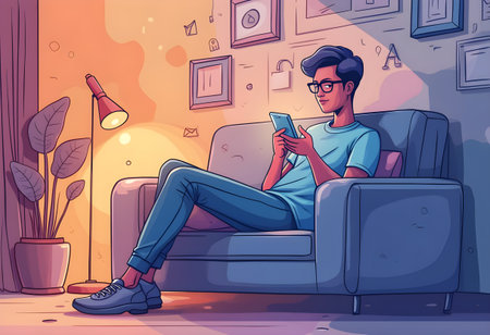 A young man with glasses lounges comfortably on a gray sofa, absorbed in his smartphone. Soft lighting casts a warm glow, creating a relaxed evening atmosphere, enhanced by decorative plants.の素材