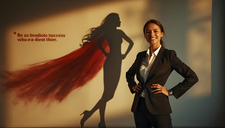 A young woman wearing a suit stands proudly with her hands on her hips, casting a bold silhouette on the wall behind her. The warm light enhances her confident demeanor.の素材