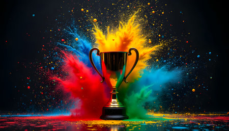 A vibrant trophy stands amidst an explosion of colored powder, showing shades of red, yellow, blue, and green. This lively display signifies achievement during a celebratory gathering.の素材
