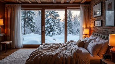 A warm bedroom features a large bed with soft bedding, illuminated by lamps, offering a beautiful view of snow-covered trees and a serene winter landscape outside as the sun sets.の素材