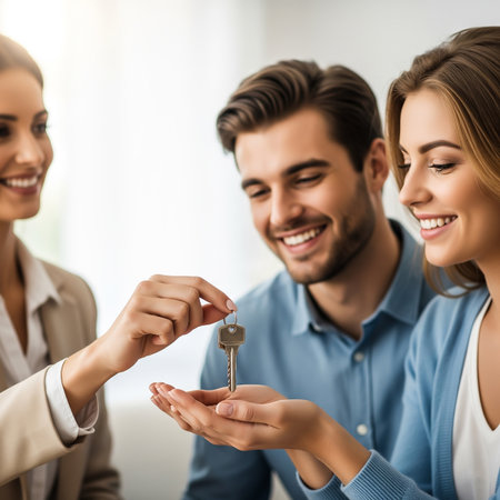 A smiling real estate agent presents keys to a delighted couple as they celebrate their new home in a sunny, professional office environment. Excitement fills the air as a new chapter begins.の素材