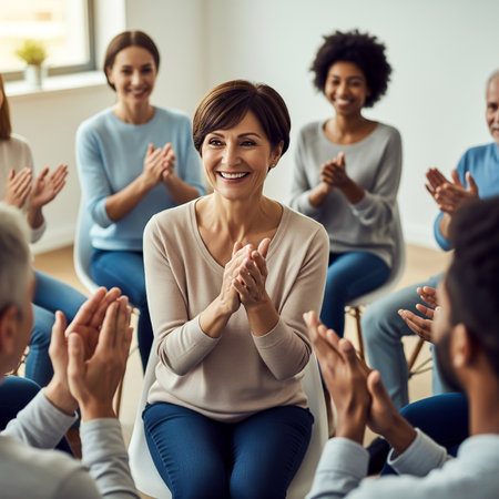 People are gathered in a well-lit room, actively engaging in a workshop. One woman at the front, smiling, receives applause while others express appreciation.の素材