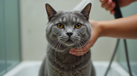 A gray cat is being bathed in a sleek, modern bathroom. A person is gently holding the cat's chin while preparing to wash it with a handheld shower head. The atmosphere is calm and reassuring.の素材