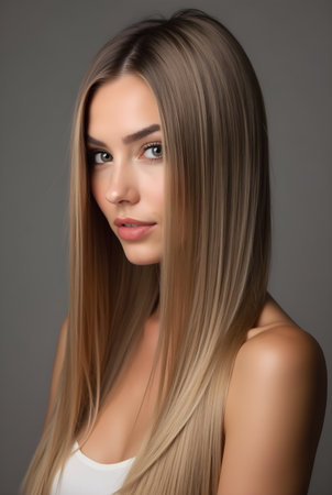 A young woman poses elegantly with her long, straight hair cascading down. The soft lighting highlights her features, creating a timeless and stylish look.の素材