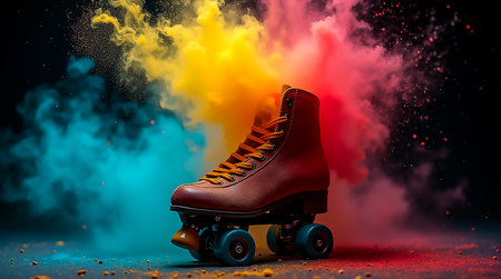 A roller skate stands prominently in the center, enveloped by a cloud of vibrant colored powder. The artistic atmosphere captures the essence of creativity and fun during a lively event.の素材