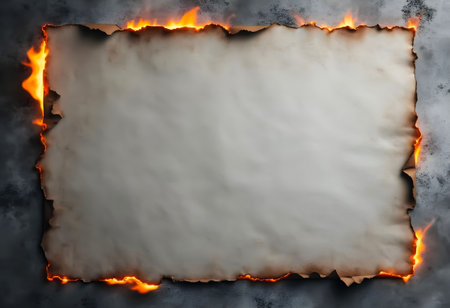 Charred edges of a blank piece of parchment paper laid against a dark, textured background, igniting a sense of intrigue. Perfect for creative storytelling or design projects.の素材