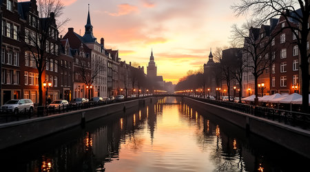 Golden hues reflect off the calm waters of a canal in Amsterdam as the sun sets behind historic architecture. Trees line the streets as lights begin to glow.の素材